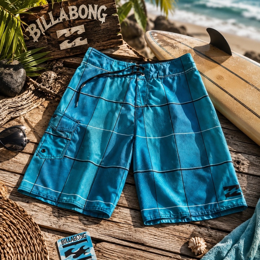 Billabong Platinum PX3 Recycler Blue Plaid Board Shorts Mens 30 Swim Trunks 11in